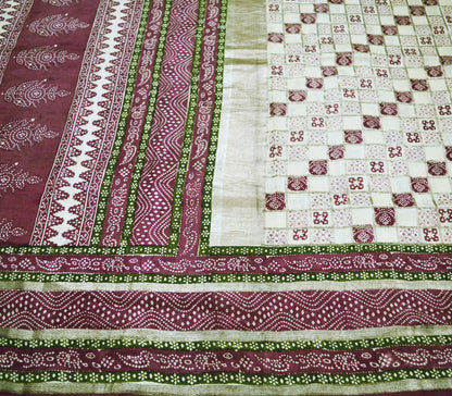 Indian Vintage Deep Maroon & Cream Saree Woven Printed Bandhani Sari 100% Pure Silk Indian Sari Fabric 5yard Soft Floral Golden Zari Craft