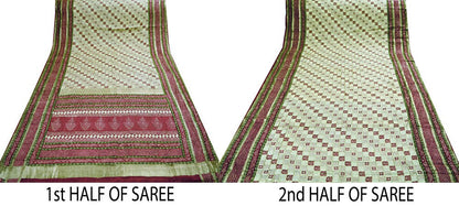 Indian Vintage Deep Maroon & Cream Saree Woven Printed Bandhani Sari 100% Pure Silk Indian Sari Fabric 5yard Soft Floral Golden Zari Craft