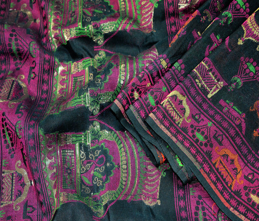 Indian Vintage Black Heavy Saree Hand Woven 100% Pure Silk Indian Sari Fabric 6Yard Silk Sari Ethnic Floral Zari