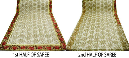 Indian Vintage Biege & Golden Saree Net/Mesh Embroidered Printed Indian Sari Fabric 6Yd Sewing Soft Golden Sequins Floral