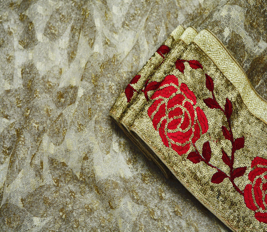 Indian Vintage Biege & Golden Saree Net/Mesh Embroidered Printed Indian Sari Fabric 6Yd Sewing Soft Golden Sequins Floral