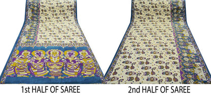 Indian Vintage Sari Blue & Cream Kalamkari Print Sari Pure Cotton Saree Fabric 5Yard Soft Dancing Lady Ethnic