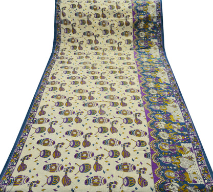 Indian Vintage Sari Blue & Cream Kalamkari Print Sari Pure Cotton Saree Fabric 5Yard Soft Dancing Lady Ethnic