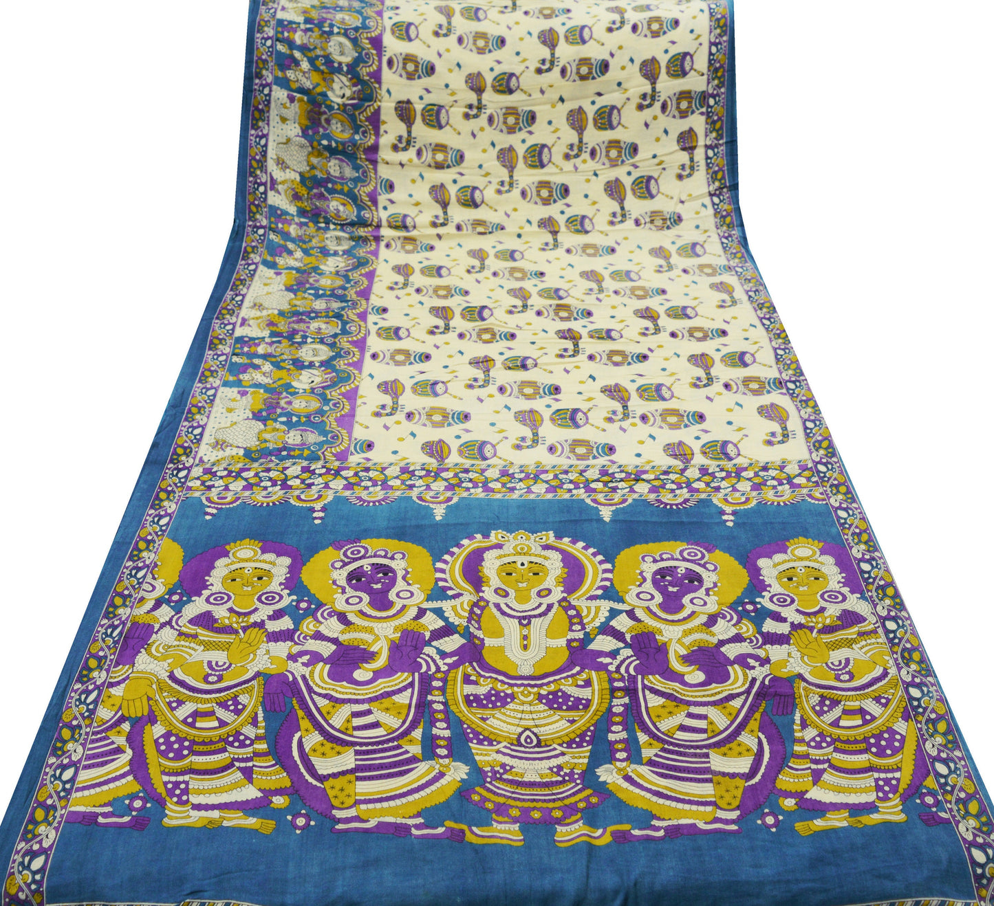 Indian Vintage Sari Blue & Cream Kalamkari Print Sari Pure Cotton Saree Fabric 5Yard Soft Dancing Lady Ethnic