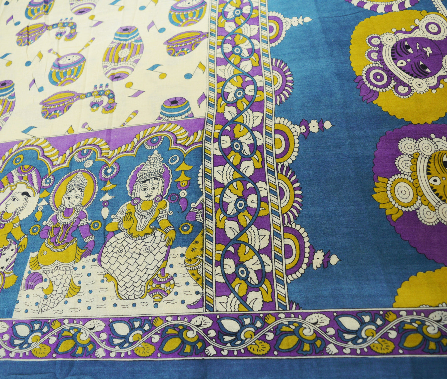 Indian Vintage Sari Blue & Cream Kalamkari Print Sari Pure Cotton Saree Fabric 5Yard Soft Dancing Lady Ethnic