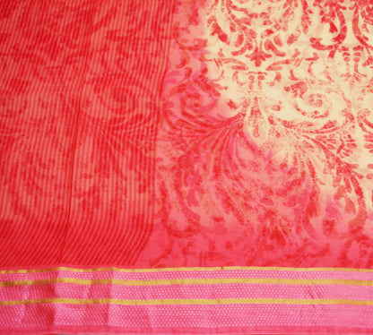 Indian Women Vintage Sari Red & Peach Georgette Printed Saree Sewing 5yard Soft Craft Floral Design Wrap Boho Zari