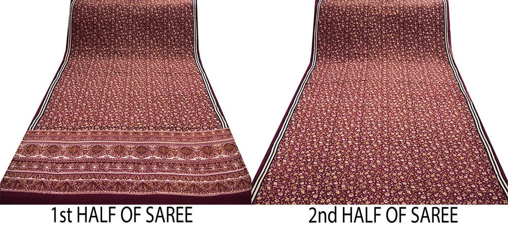 Indian Vintage Sari Maroon Pure Crepe Silk Printed Saree 5yard Sewing Floral Soft Craft Fabric Ethnic Wrap