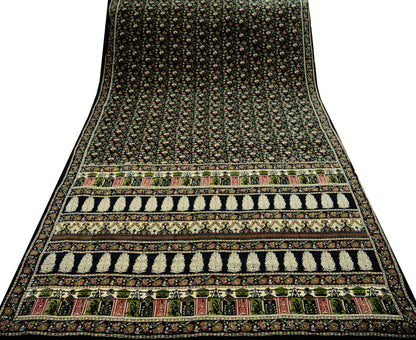 Indian Vintage Sari Black Pure Crepe Silk Block Printed Saree 5yard Sewing Floral Soft Craft Fabric Wrap