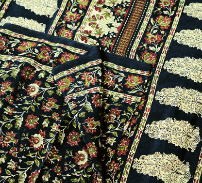 Indian Vintage Sari Black Pure Crepe Silk Block Printed Saree 5yard Sewing Floral Soft Craft Fabric Wrap