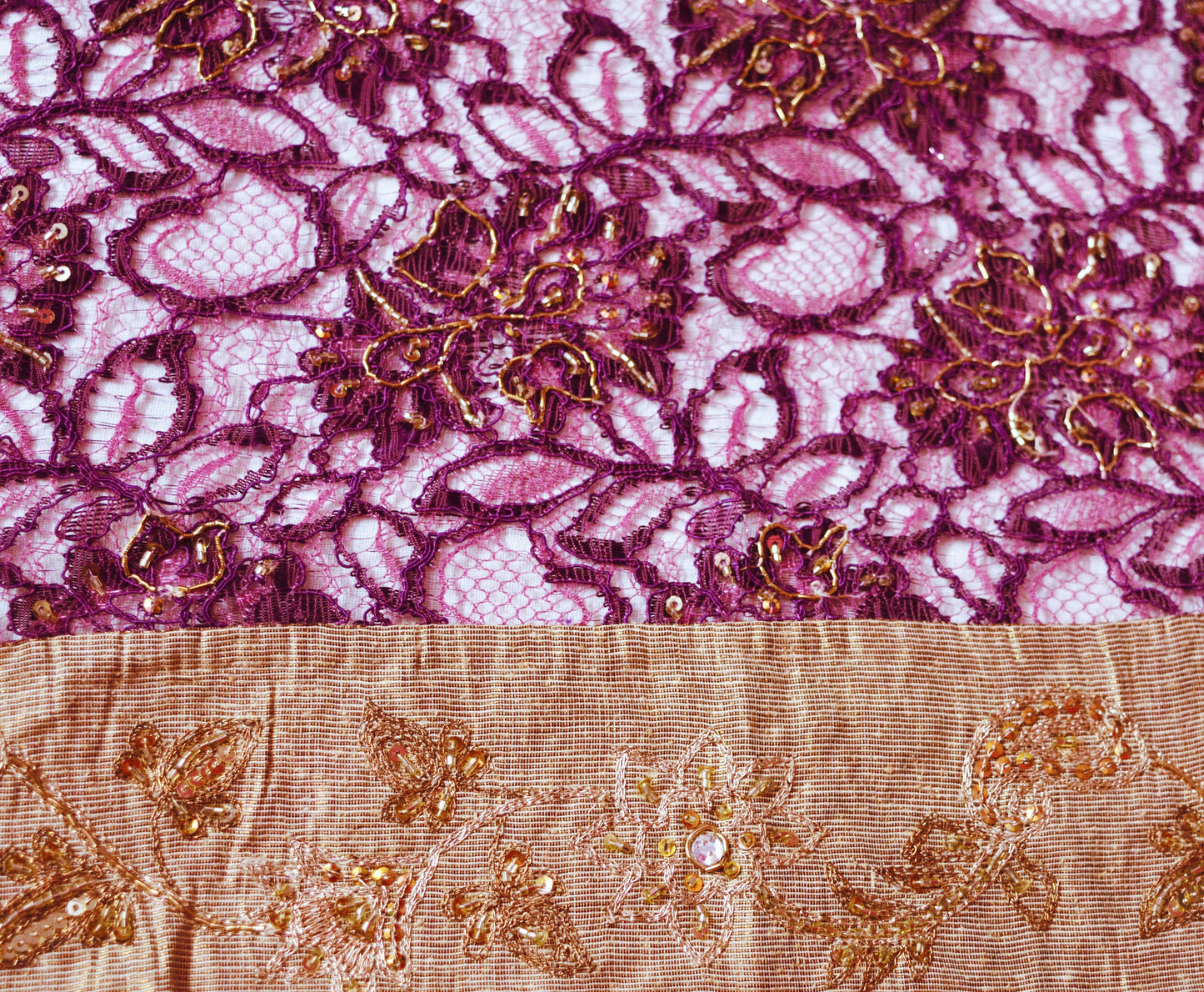 Vintage Purple Net Mesh Hand Embroidered Design Fabric 30"X42" Floral Design Crafting Sewing Quilting Zari Beaded Zardozi