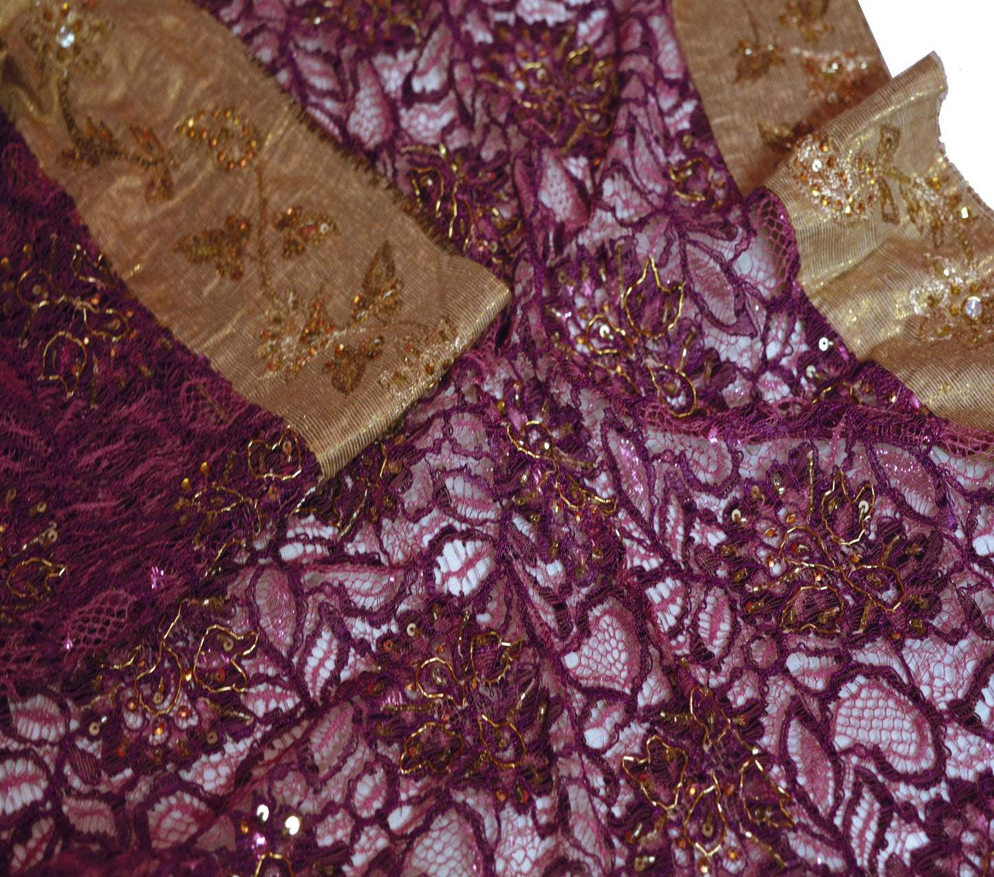 Vintage Purple Net Mesh Hand Embroidered Design Fabric 30"X42" Floral Design Crafting Sewing Quilting Zari Beaded Zardozi