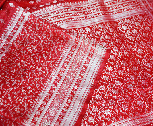 FREE SHIPPING Vintage Red Pure Satin silk Banarasi Brocade Hand Woven Fabric Design Indian Fabric 38"X44" Sewing Zari Ethnic