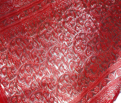 FREE SHIPPING Vintage Red Pure Satin silk Banarasi Brocade Hand Woven Fabric Design Indian Fabric 38"X44" Sewing Zari Ethnic