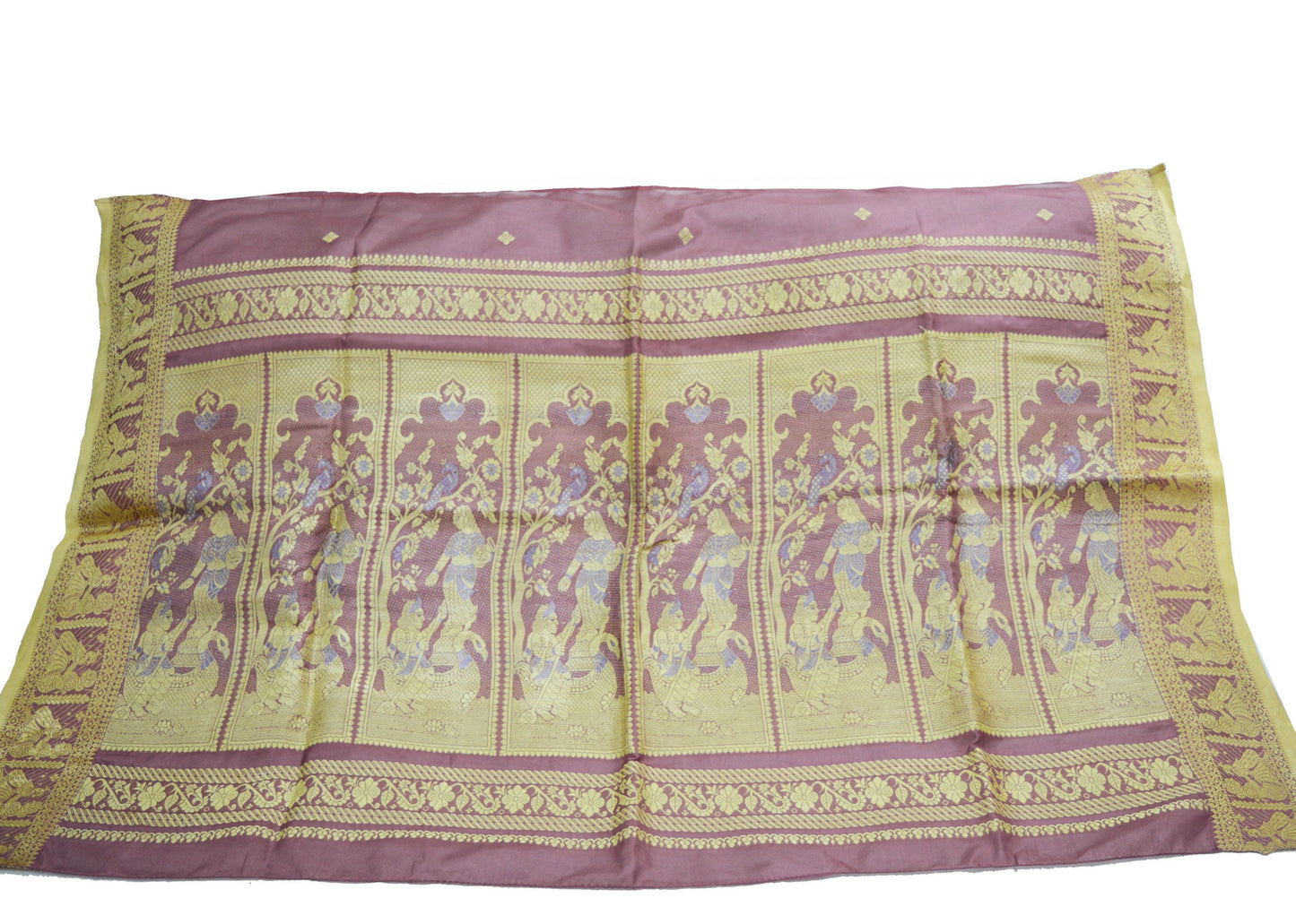 Vintage Pink Art Silk Hand Woven Baluchari Design Fabric 32"X47" Lady Design Crafting Sewing Quilting Peacock