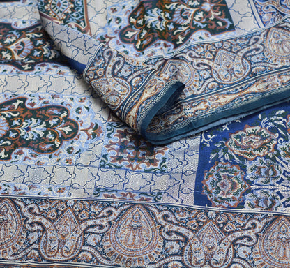 Vintage Blue Pure Satin silk Brocade Hand Woven Fabric Design Indian Fabric 30"X44" Floral Design Sewing Ethnic
