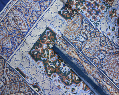 Vintage Blue Pure Satin silk Brocade Hand Woven Fabric Design Indian Fabric 30"X44" Floral Design Sewing Ethnic