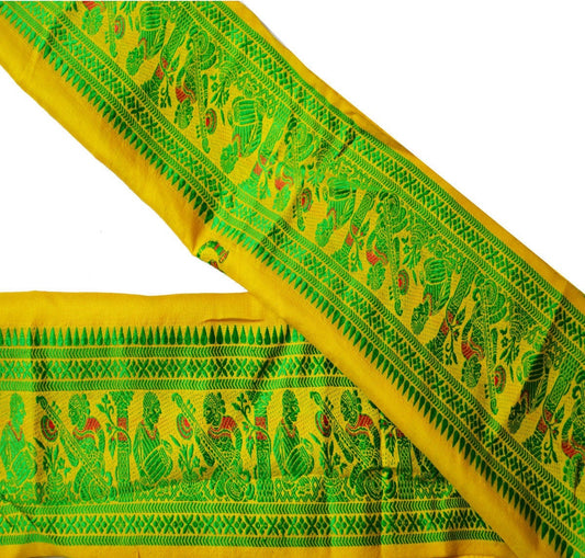 Indian Vintage Yellow Sari Border Pure Silk Hand Woven Baluchari Indian Craft Trim Lace Ribbon Recycled Indian Sari Border Home Decor Soft