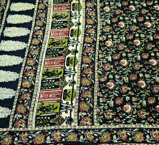 Indian Vintage Sari Black Pure Crepe Silk Block Printed Saree 5yard Sewing Floral Soft Craft Fabric Wrap