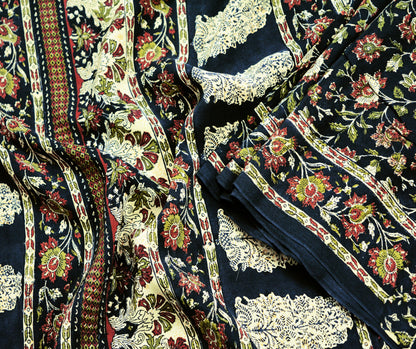 Indian Vintage Sari Black Pure Crepe Silk Block Printed Saree 5yard Sewing Floral Soft Craft Fabric Wrap