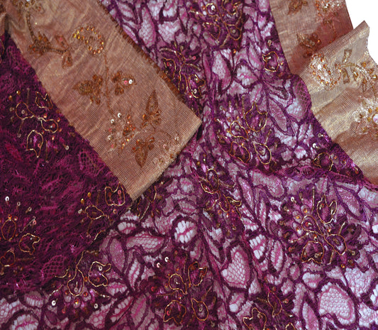 Vintage Purple Net Mesh Hand Embroidered Design Fabric 30"X42" Floral Design Crafting Sewing Quilting Zari Beaded Zardozi