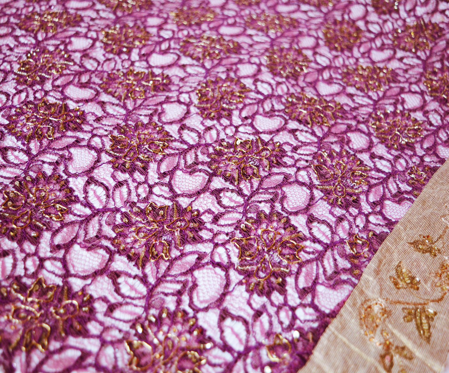 Vintage Purple Net Mesh Hand Embroidered Design Fabric 30"X42" Floral Design Crafting Sewing Quilting Zari Beaded Zardozi