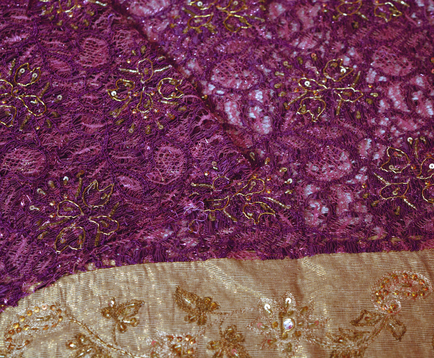 Vintage Purple Net Mesh Hand Embroidered Design Fabric 30"X42" Floral Design Crafting Sewing Quilting Zari Beaded Zardozi