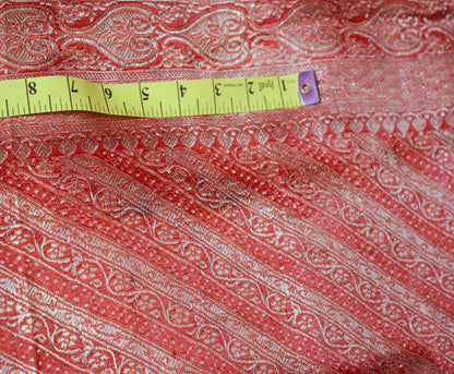 Vintage Red Pure Silk Banarasi Brocade Hand Woven Fabric Design Indian Fabric 40"X45" Sewing Zari Ethnic Floral