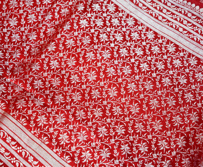 FREE SHIPPING Vintage Red Pure Satin silk Banarasi Brocade Hand Woven Fabric Design Indian Fabric 38"X44" Sewing Zari Ethnic