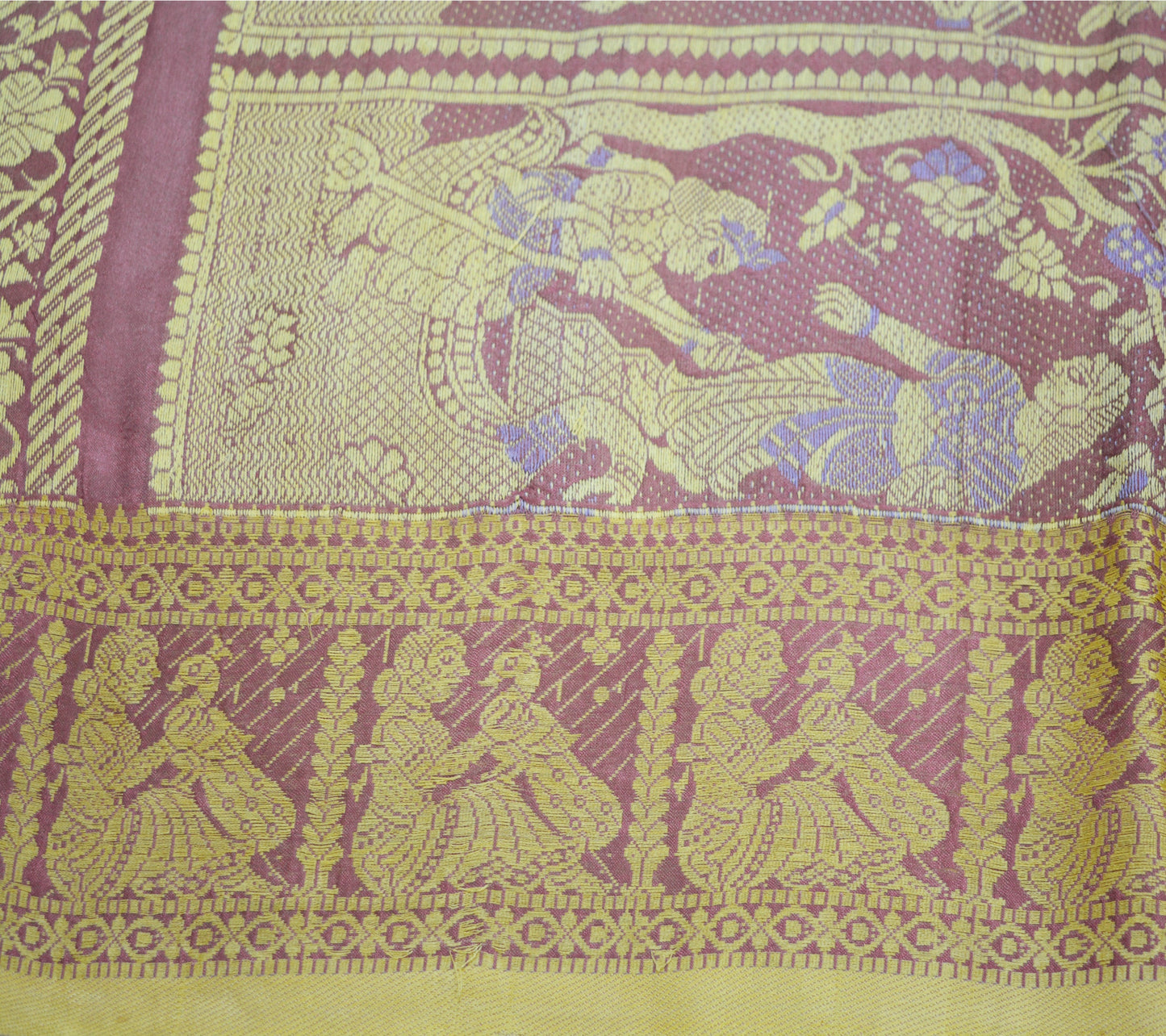 Vintage Pink Art Silk Hand Woven Baluchari Design Fabric 32"X47" Lady Design Crafting Sewing Quilting Peacock