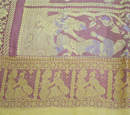 Vintage Pink Art Silk Hand Woven Baluchari Design Fabric 32"X47" Lady Design Crafting Sewing Quilting Peacock