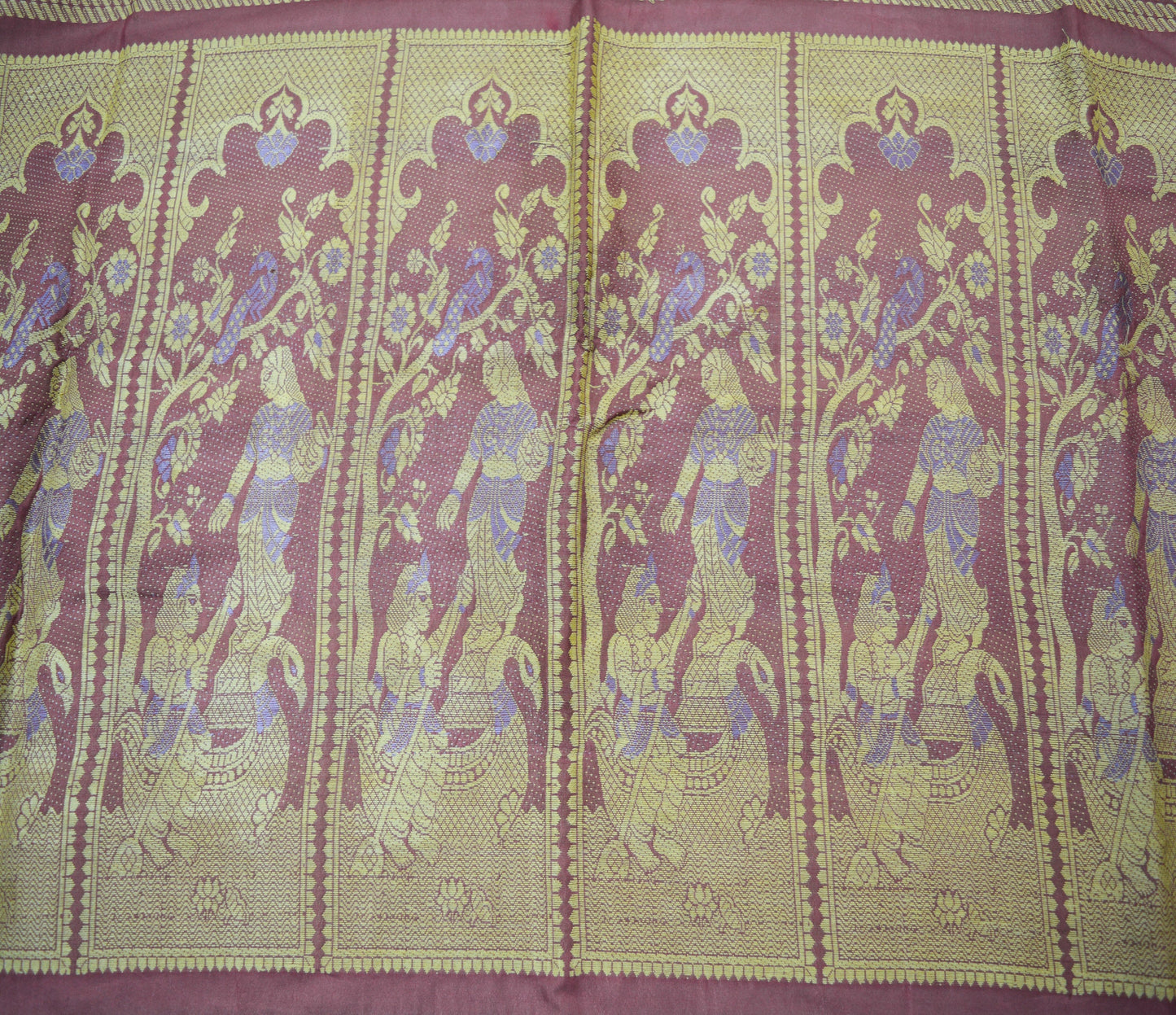 Vintage Pink Art Silk Hand Woven Baluchari Design Fabric 32"X47" Lady Design Crafting Sewing Quilting Peacock