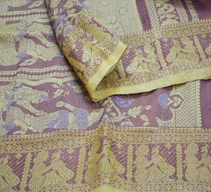 Vintage Pink Art Silk Hand Woven Baluchari Design Fabric 32"X47" Lady Design Crafting Sewing Quilting Peacock