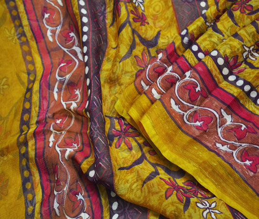 Women Vintage Sari Saffron Pure Chiffon Silk Printed Saree Craft Fabric Sewing 6Yard Soft Light Sari Dress Making Floral