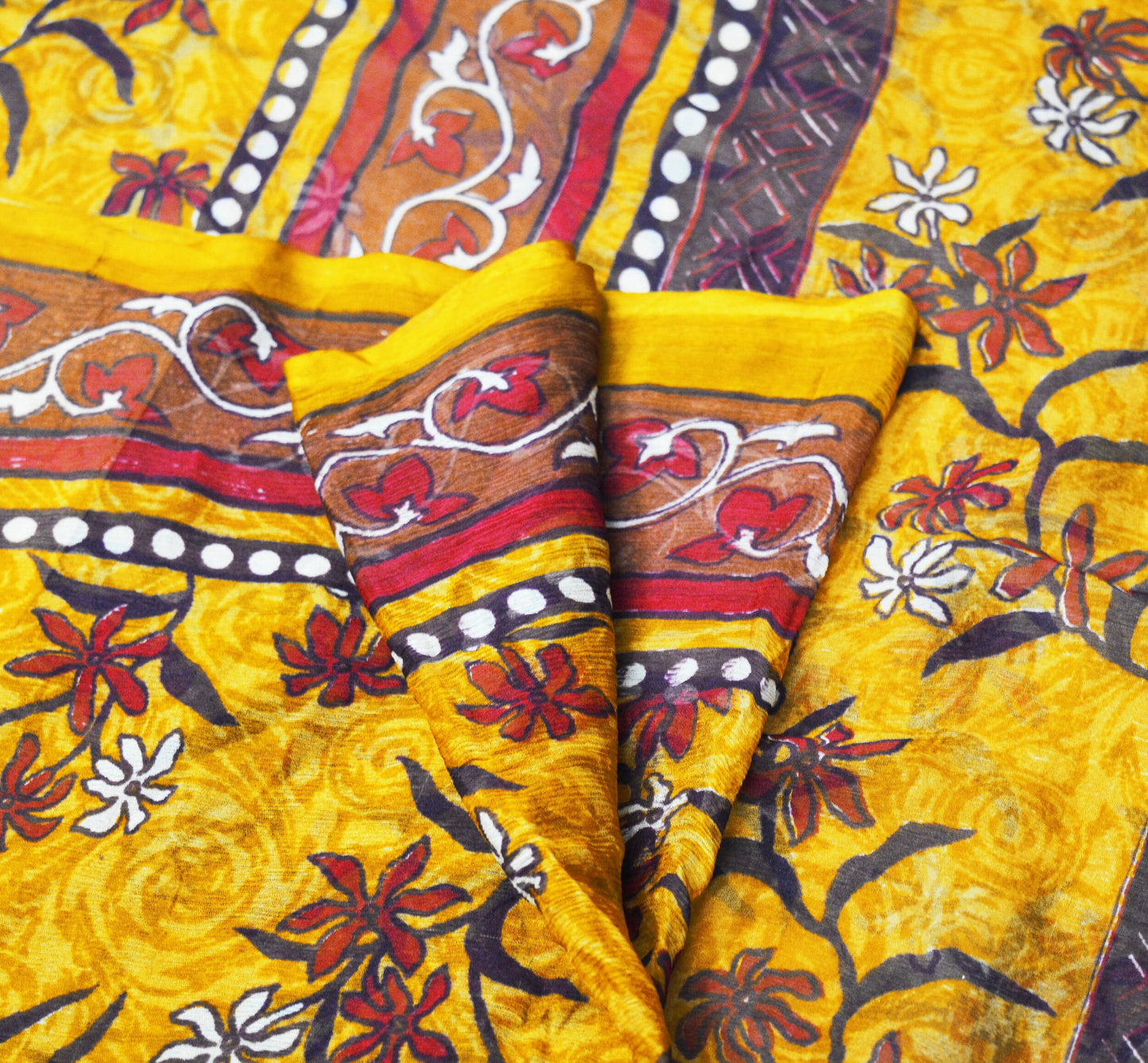 Women Vintage Sari Saffron Pure Chiffon Silk Printed Saree Craft Fabric Sewing 6Yard Soft Light Sari Dress Making Floral