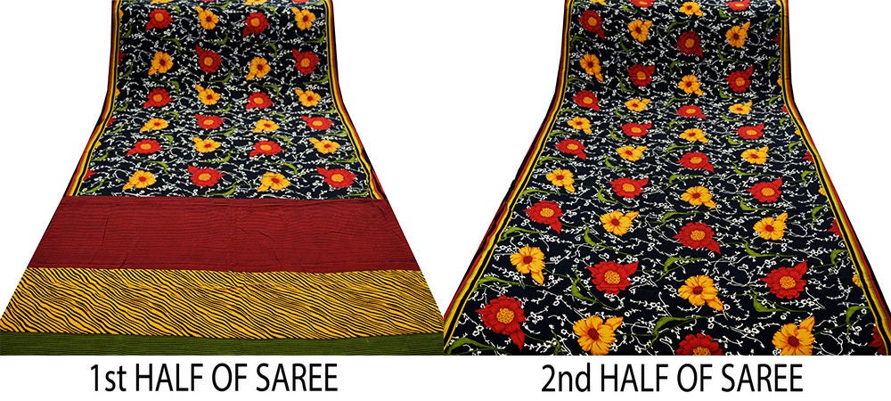 Indian Vintage Sari Black Pure Crepe Silk Printed Saree 5yard Sewing Floral Soft Craft Fabric Wrap