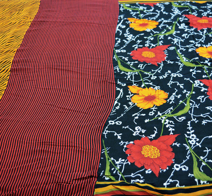 Indian Vintage Sari Black Pure Crepe Silk Printed Saree 5yard Sewing Floral Soft Craft Fabric Wrap