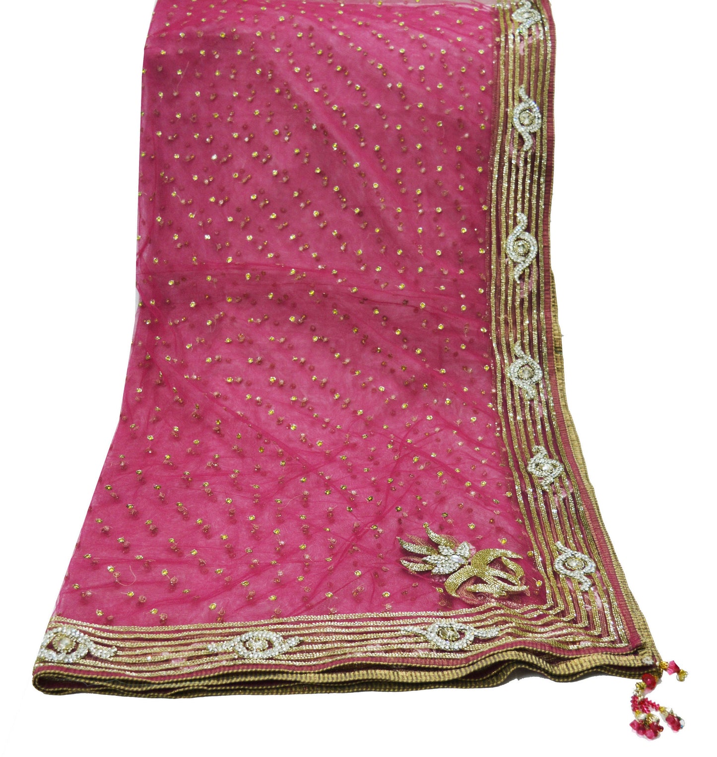 Indian Vintage Heavy Bridal Dupatta Pink Net Mesh Long Stole Hand Embroidered Scarves Sequins Glass Bead Wedding veil Wrap Boho