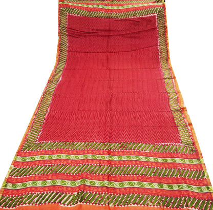 Indian Vintage Red Dupatta Long Stole Printed Pure Silk Indian Scarves Veil Golden Zari Zigzag Design