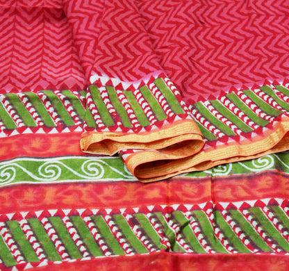 Indian Vintage Red Dupatta Long Stole Printed Pure Silk Indian Scarves Veil Golden Zari Zigzag Design