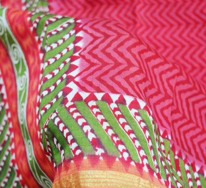 Indian Vintage Red Dupatta Long Stole Printed Pure Silk Indian Scarves Veil Golden Zari Zigzag Design