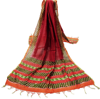 Indian Vintage Red Dupatta Long Stole Printed Pure Silk Indian Scarves Veil Golden Zari Zigzag Design