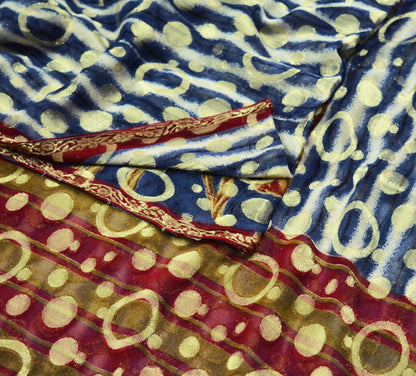 Indian Vintage Sari Cream & Blue Hand Woven Sari Blend Georgette Saree Fabric 5Yard Floral Soft Golden Zari