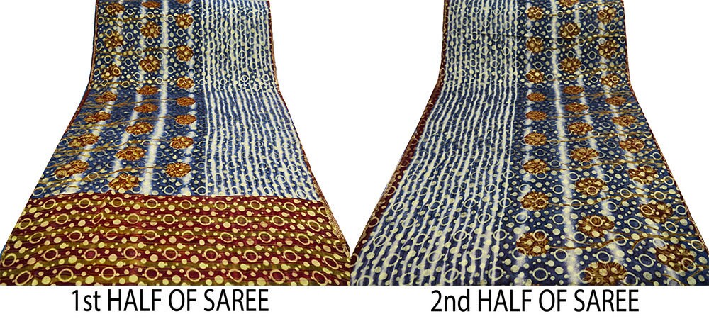 Indian Vintage Sari Cream & Blue Hand Woven Sari Blend Georgette Saree Fabric 5Yard Floral Soft Golden Zari