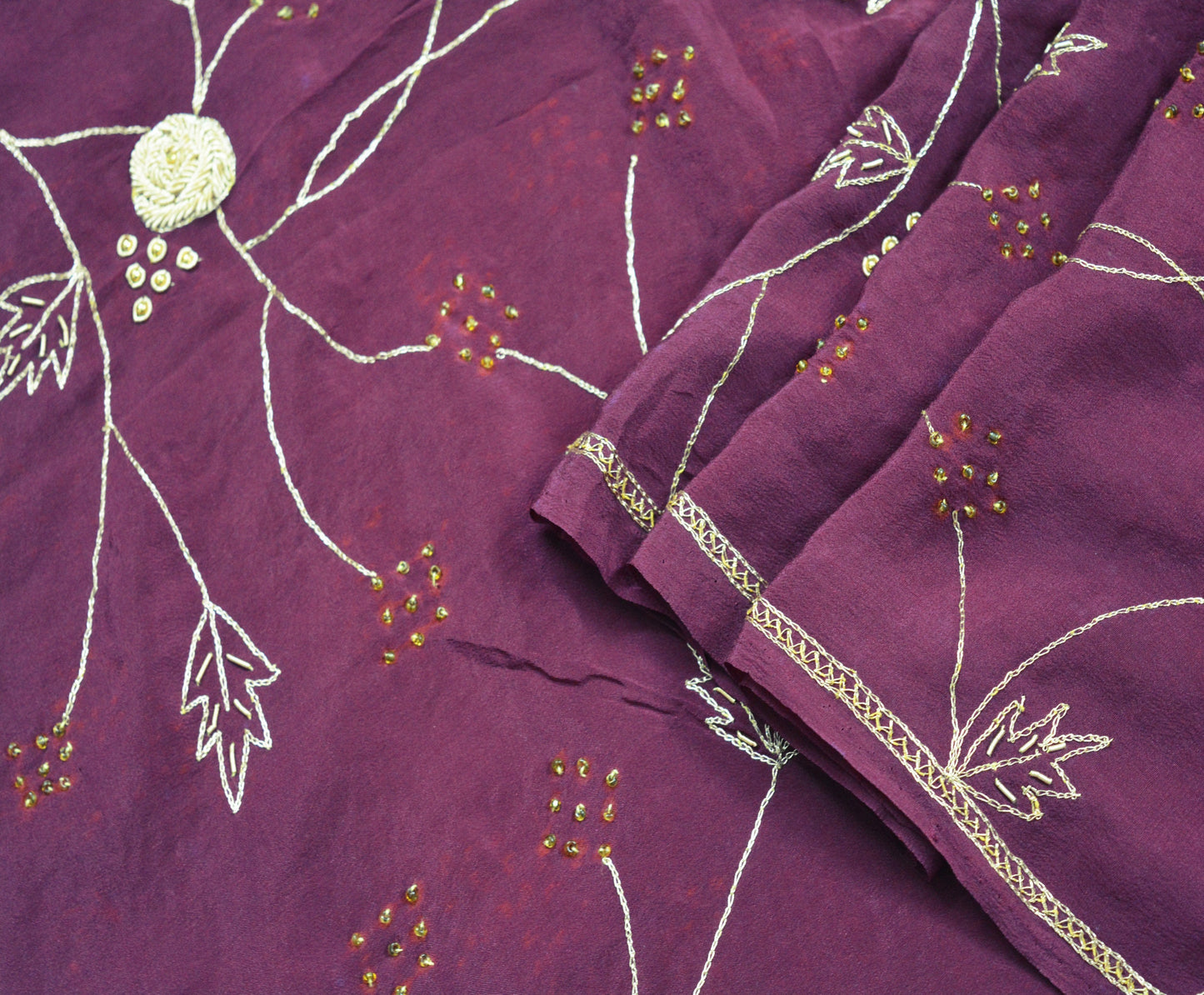 Indian Vintage Heavy Wedding Purple Dupatta Pure Crepe Silk Long Stole Hand Embroidered Scarves Dabka Zardozi Zari Stole