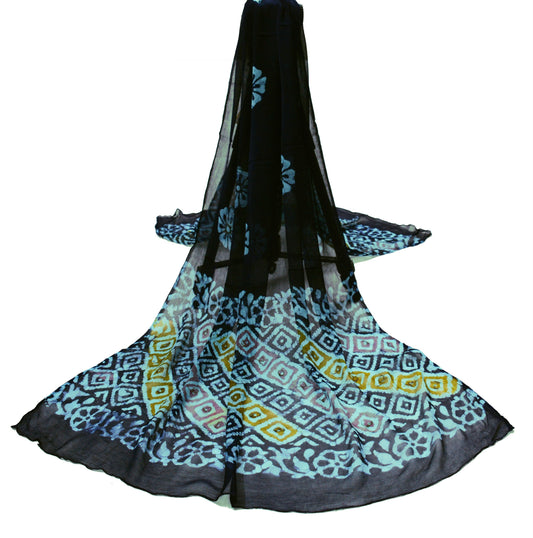 Indian Vintage Blue Dupatta Blend Chiffon Long Stole Block Printed Scarves Floral Design Stole Veil Wrap