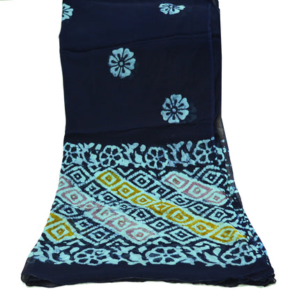 Indian Vintage Blue Dupatta Blend Chiffon Long Stole Block Printed Scarves Floral Design Stole Veil Wrap