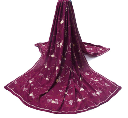 Indian Vintage Heavy Wedding Purple Dupatta Pure Crepe Silk Long Stole Hand Embroidered Scarves Dabka Zardozi Zari Stole