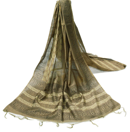 Indian Brown Vintage Dupatta Long Stole Hand Painted Blend Cotton Indian Scarf Veil Soft Fringes