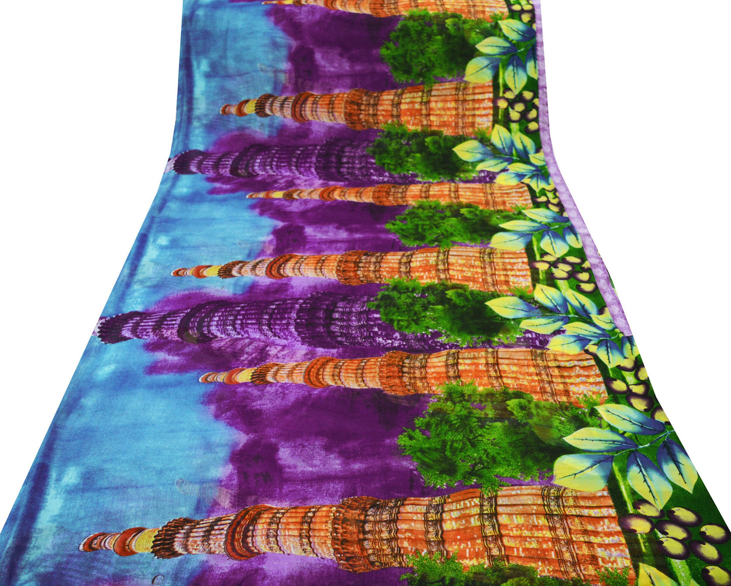 Vintage Sari Multi Georgette  Digital Printed Saree Sewing 5yard Craft Soft Qutub Minar Crafting Dress Making