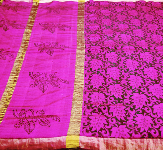 Vintage Sari Purple & Black Blend Silk Woven Printed Saree Fabric 5yard Sewing Soft Dress Designing Crafting Fringes